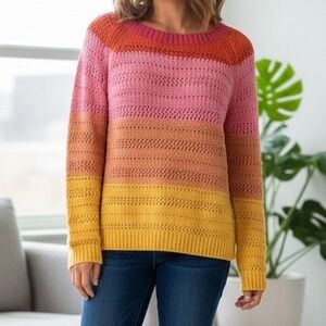 Talbots Woman MP Sunset Ombre Striped Crochet Open Knit Sweater Cotton Pink Boho